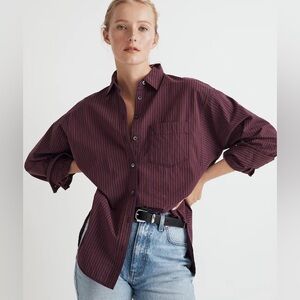 Madewell Poplin Side-Panel Dolman Button-Up Shirt in Stripe in Smoldering Plum